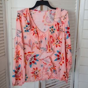 NWOT Long Sleeve - V-neck - Front ruffle tropical shirt - Size XL